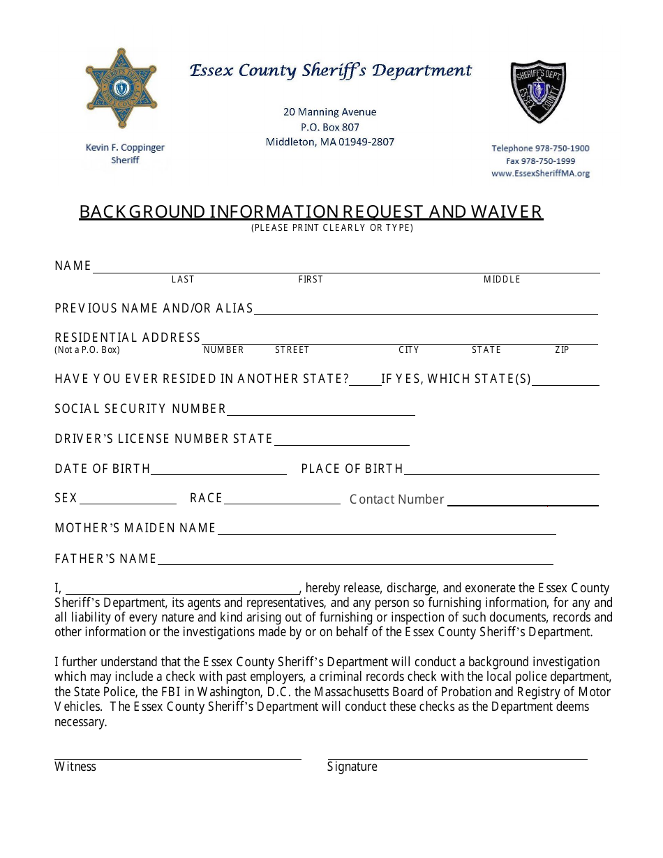 Background Information Request and Waiver - Essex County, Massachusetts, Page 1