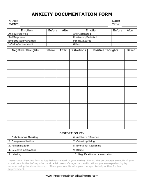 &quot;Anxiety Documentation Form&quot; Download Pdf