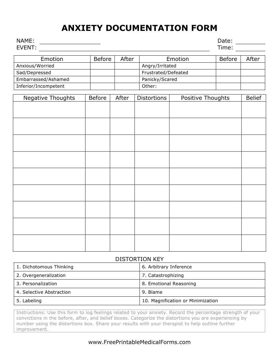 Anxiety Documentation Form, Page 1