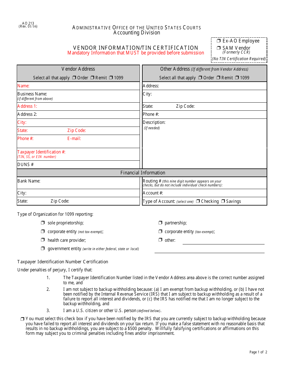 Form AO213 Vendor Information / Tin Certification, Page 1