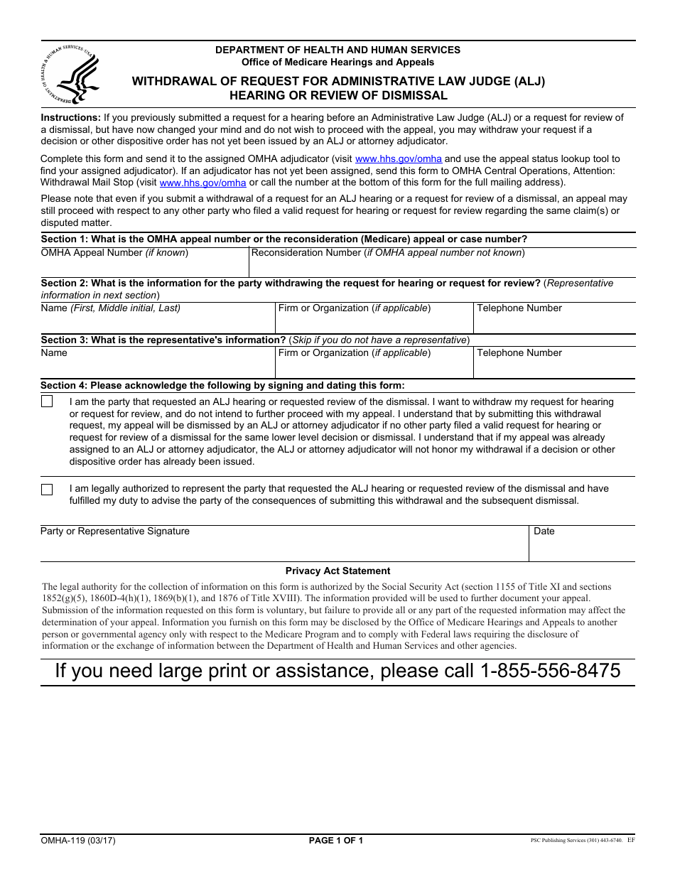 Form OMHA-119 Withdrawal of Request for Administrative Law Judge (Alj) Hearing or Review of Dimissal, Page 1