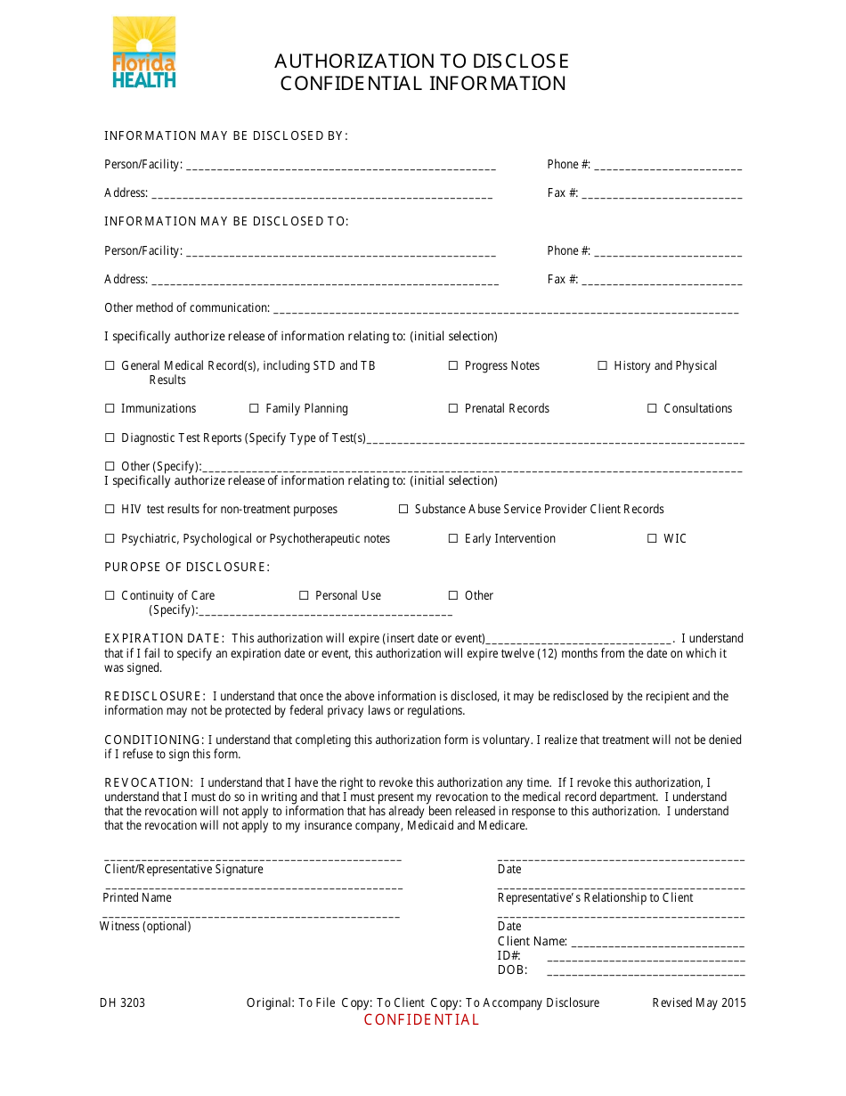 Form DH3203 Authorization to Disclosure Confidential Information - Florida, Page 1