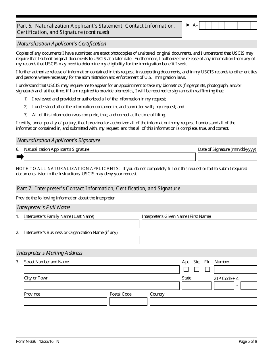 USCIS Form N-336 Request for a Hearing on a Decision in Naturalization Proceedings Under Section 336, Page 5