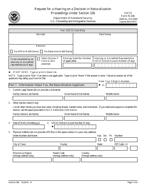 USCIS Form N-336  Printable Pdf