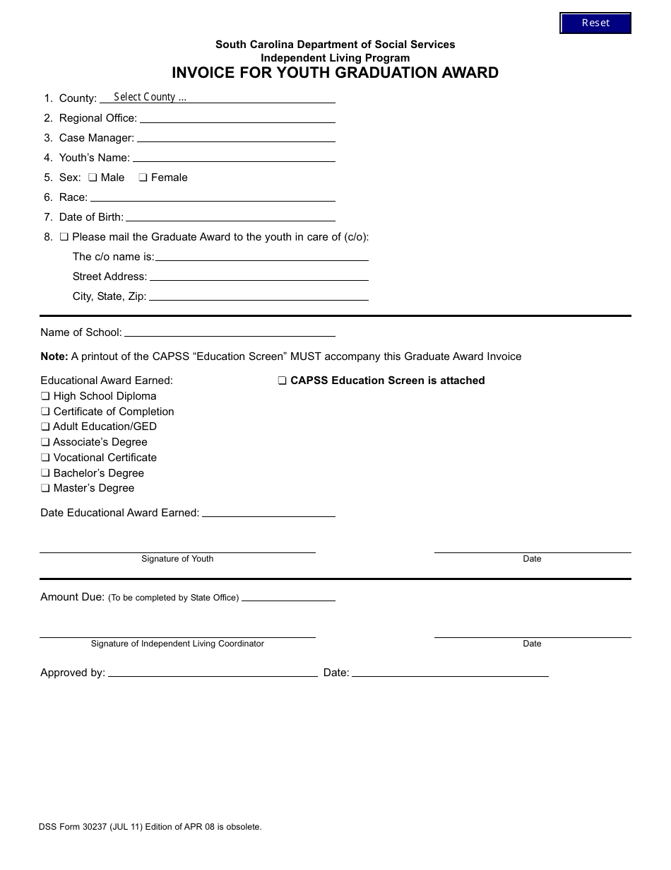 DSS Form 30237 Invoice for Youth Graduation Award - South Carolina, Page 1