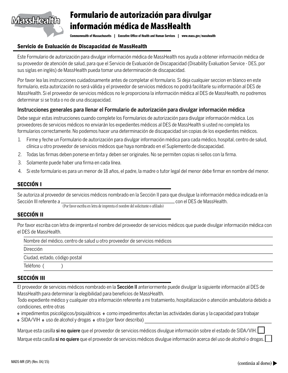 Formulario MADS-MR Formulario De Autorizacion Para Divulgar Informacion Medica De Masshealth - Massachusetts (Spanish), Page 1