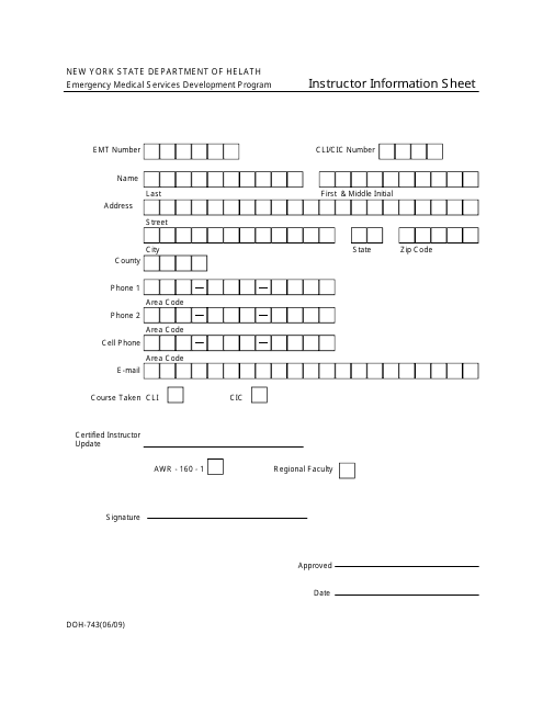 Instructions for Form DOH-743 Instructor Information Sheet - New York
