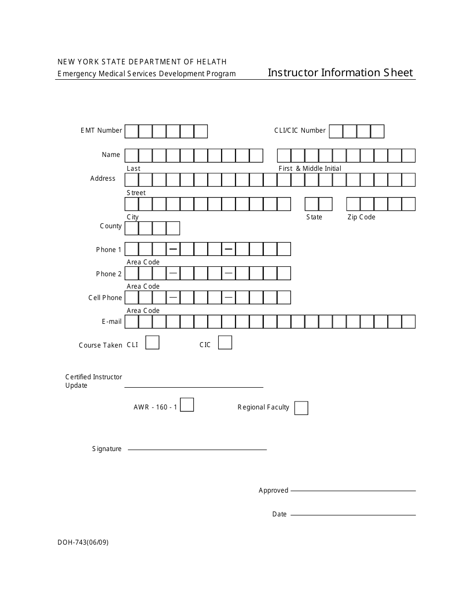 Instructions for Form DOH-743 Instructor Information Sheet - New York, Page 1