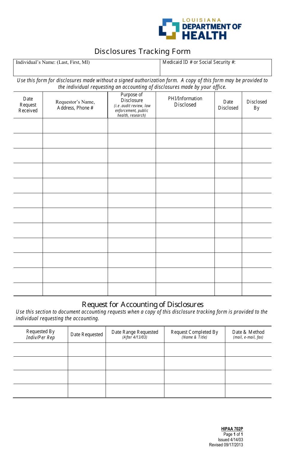 Form HIPPA702P Disclosures Tracking Form - Louisiana, Page 1