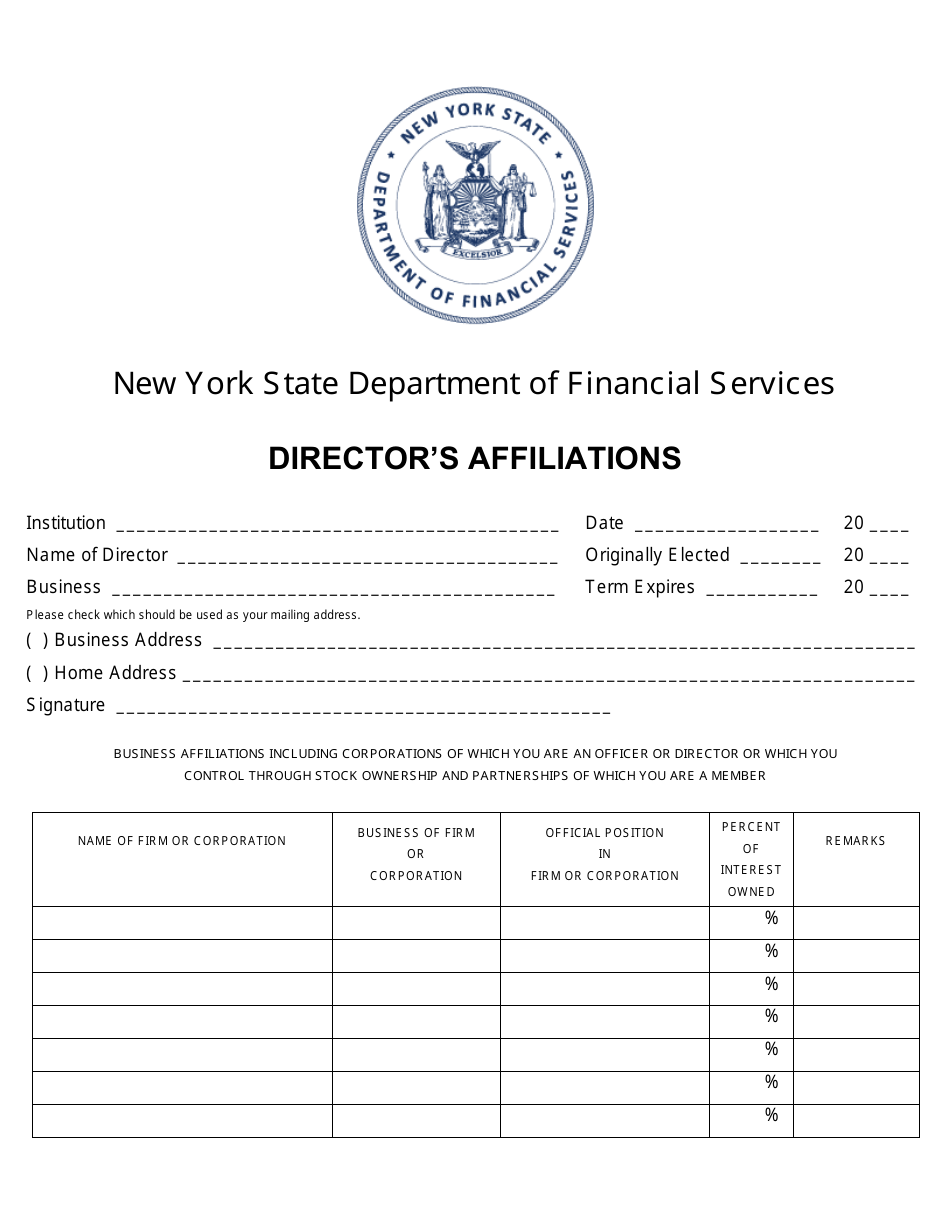 Directors Affiliations Form - New York, Page 1