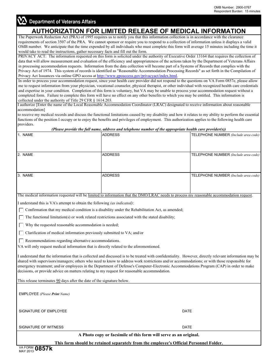 VA Form 0857K Authorization for Limited Release of Medical Information, Page 1