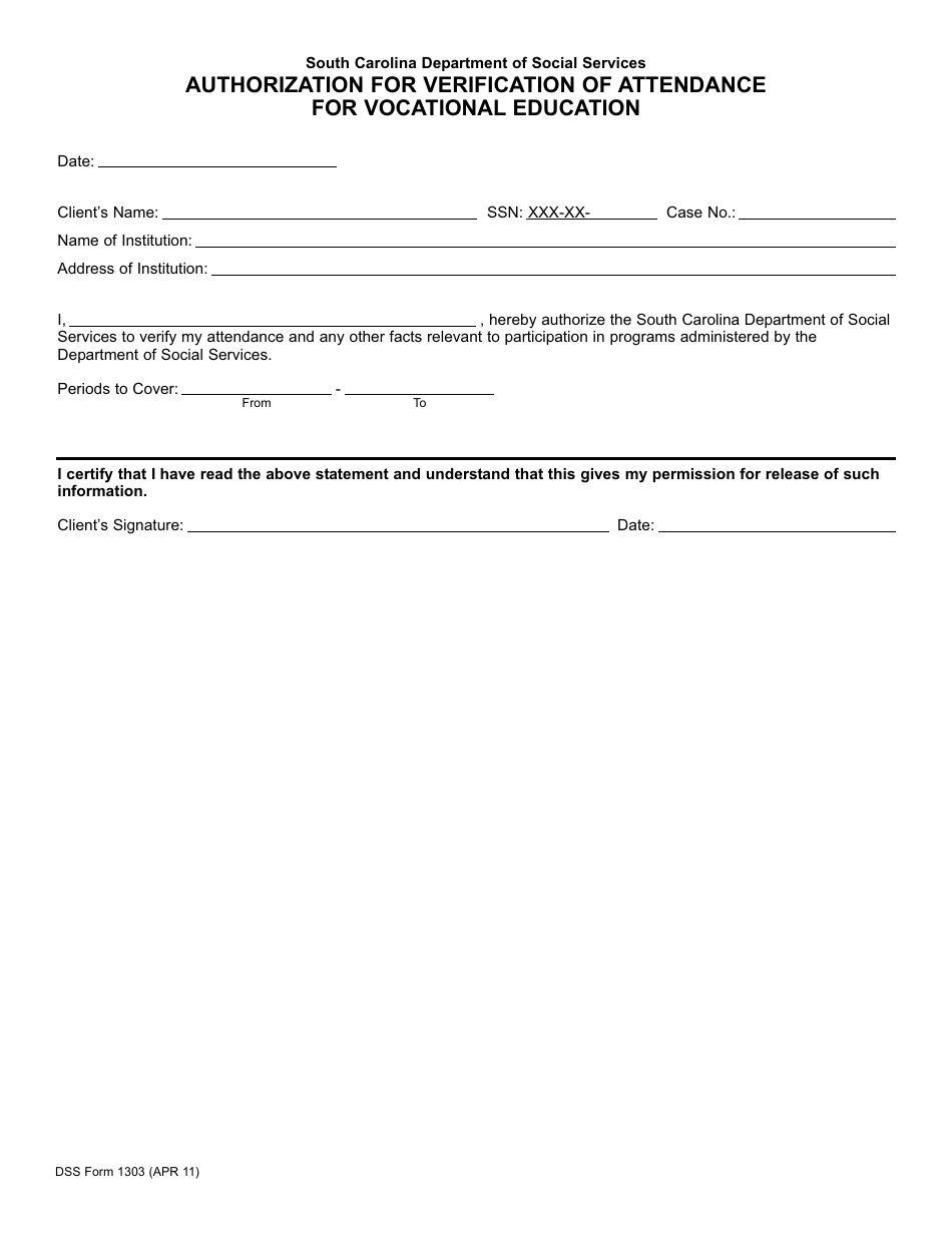 DSS Form 1303 Authorization for Verification of Attendance for Vocational Education - South Carolina, Page 1