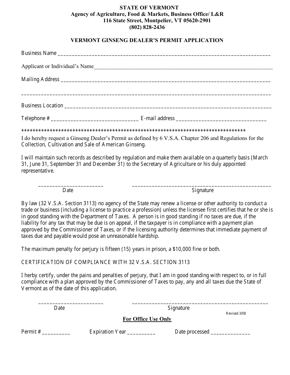 Vermont Ginseng Dealer's Permit Application Form - Vermont, Page 1