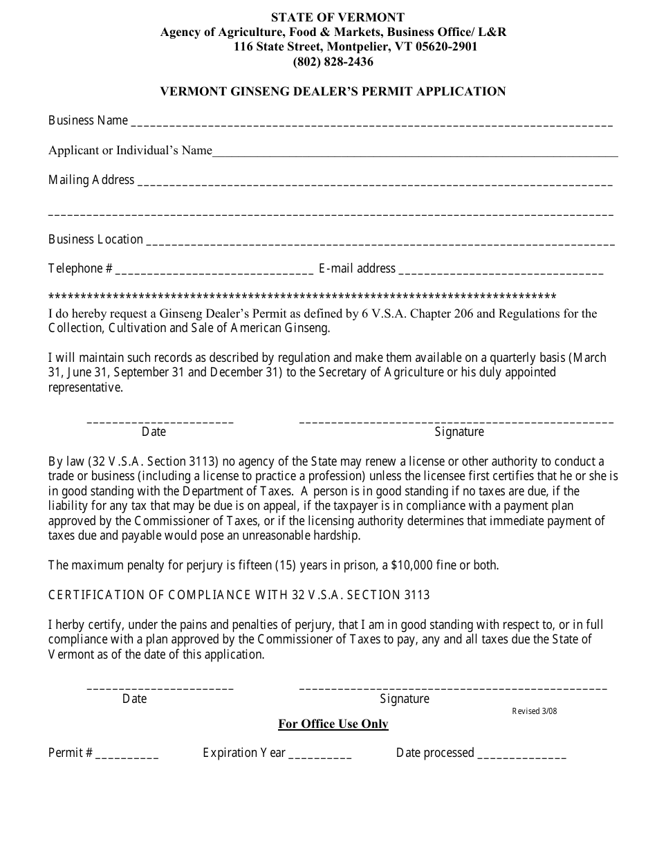 Vermont Vermont Ginseng Dealer's Permit Application Form - Fill Out ...