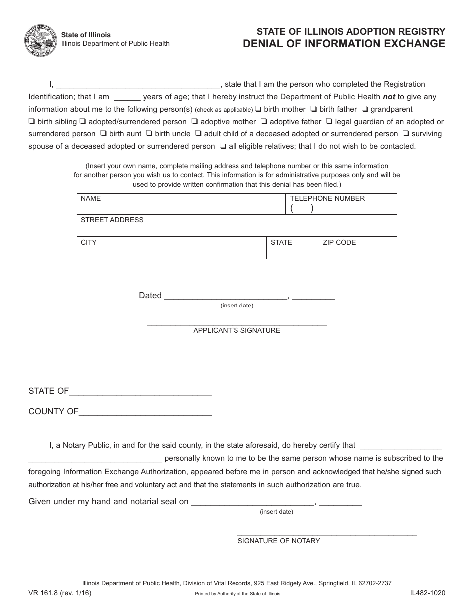 Form VR161.8 (IL482-1020) Denial of Information Exchange - Illinois, Page 1