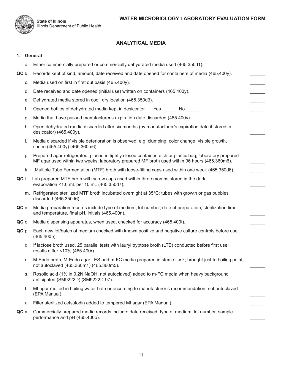 Water Microbiology Laboratory Evaluation Form - Illinois, Page 11