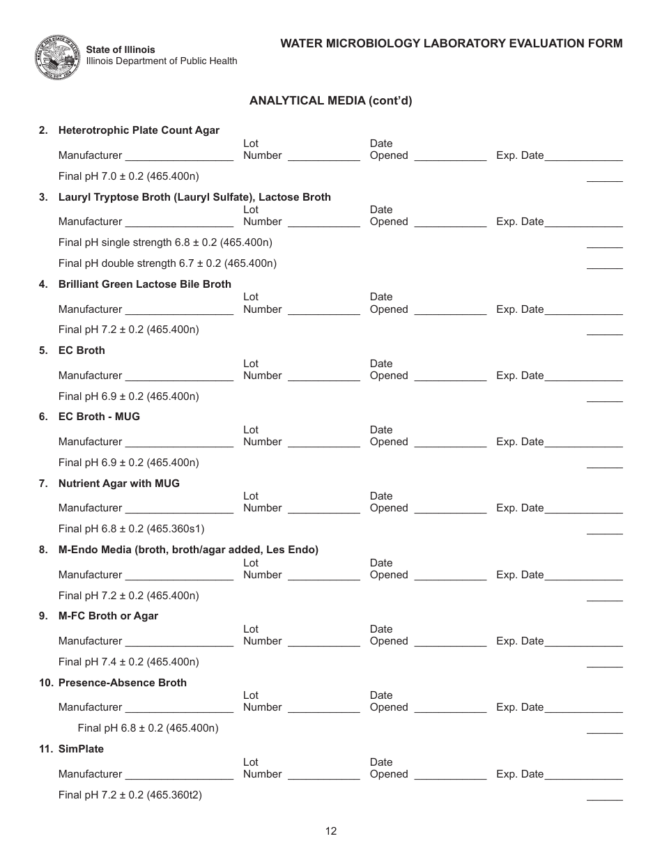 Water Microbiology Laboratory Evaluation Form - Illinois, Page 12