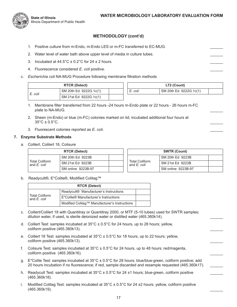 Water Microbiology Laboratory Evaluation Form - Illinois, Page 17