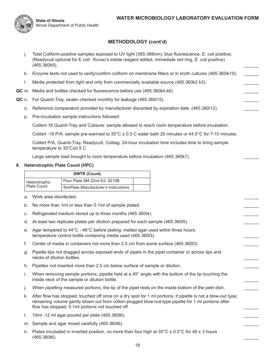 Water Microbiology Laboratory Evaluation Form - Illinois, Page 18