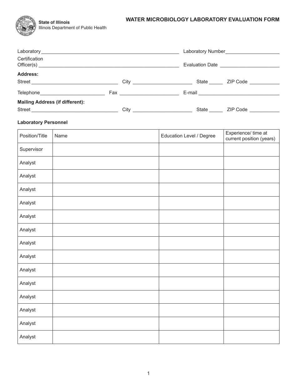 Water Microbiology Laboratory Evaluation Form - Illinois, Page 1