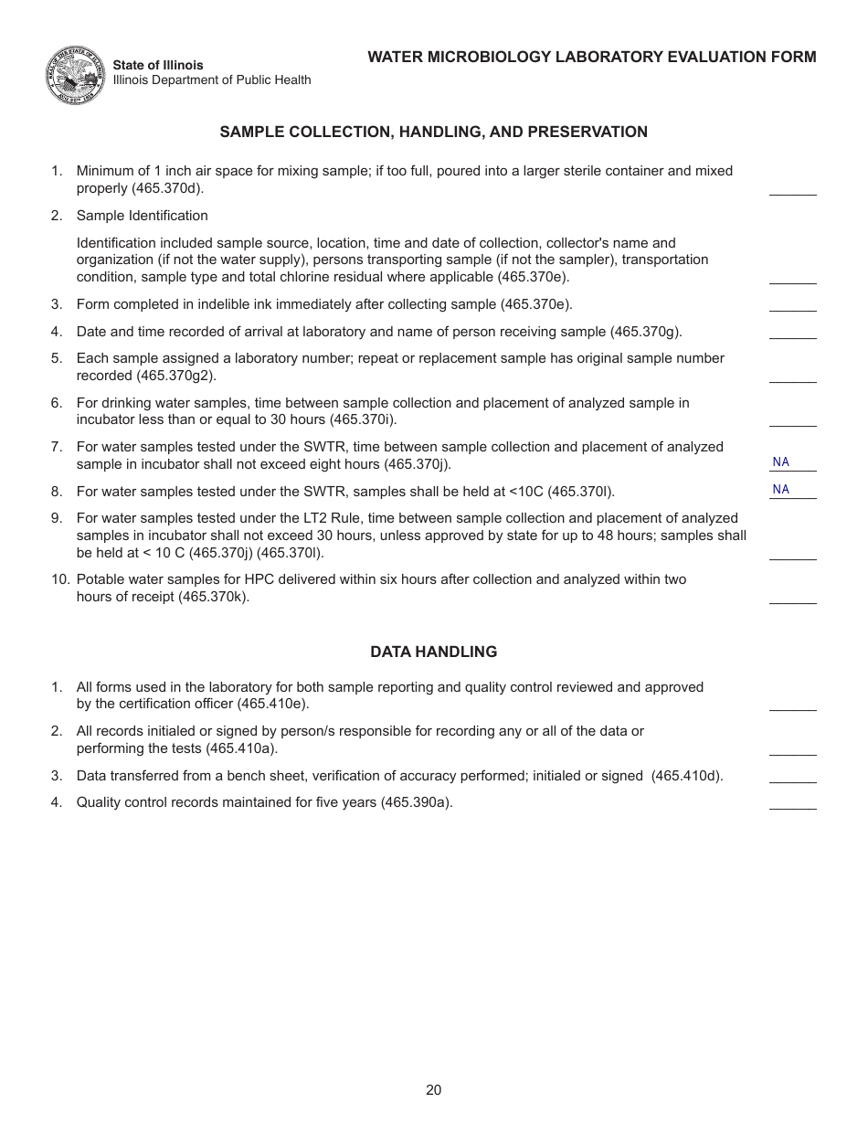 Water Microbiology Laboratory Evaluation Form - Illinois, Page 20