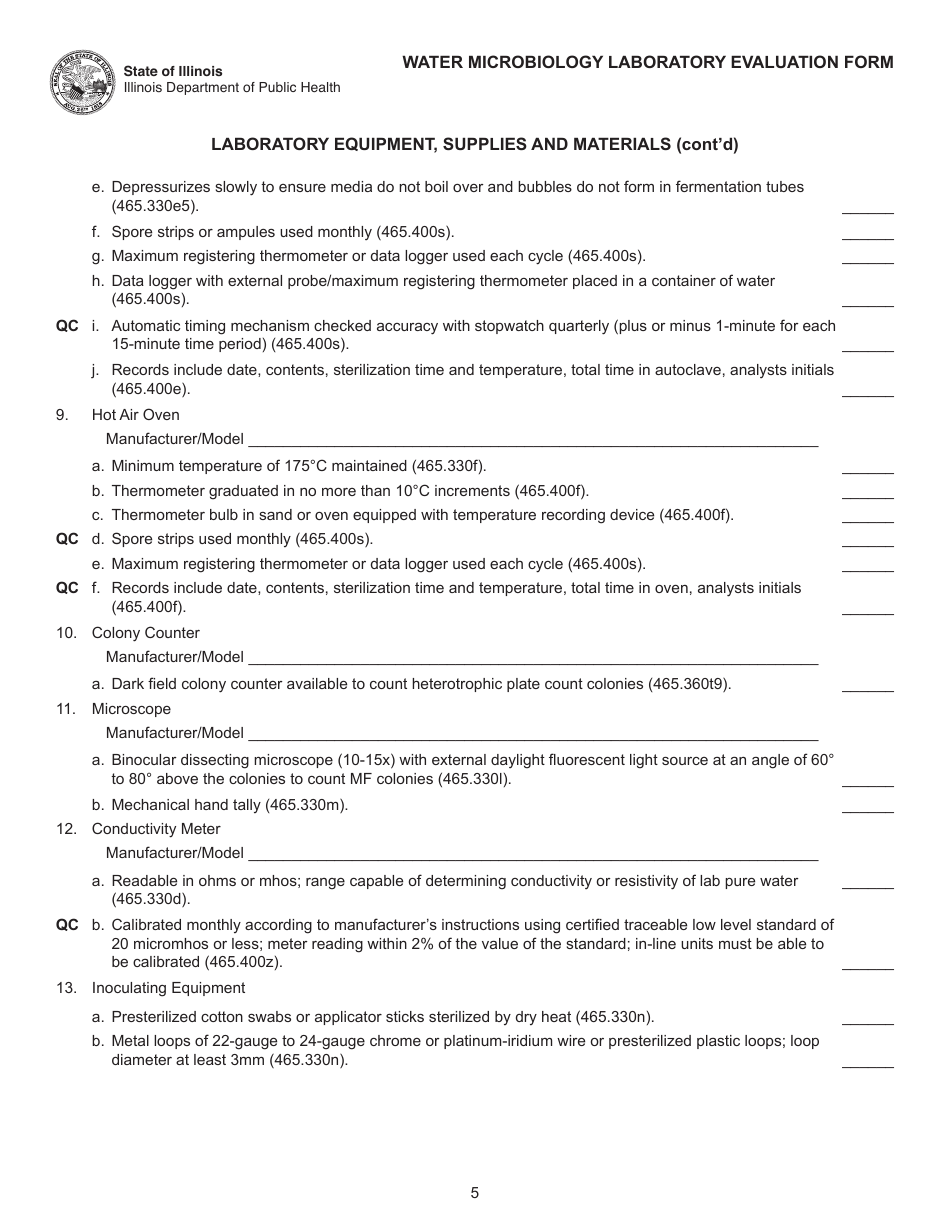 Water Microbiology Laboratory Evaluation Form - Illinois, Page 5