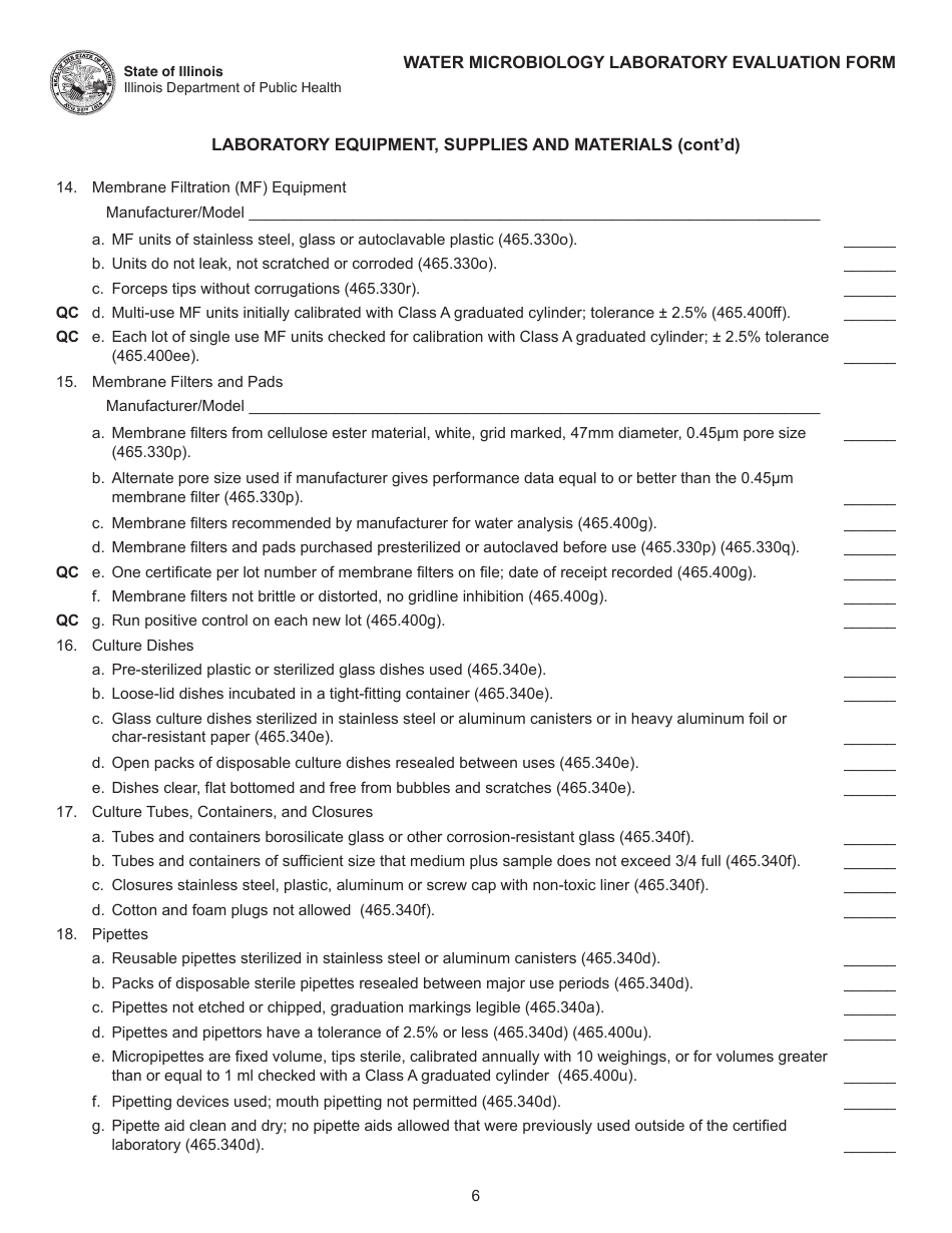 Water Microbiology Laboratory Evaluation Form - Illinois, Page 6