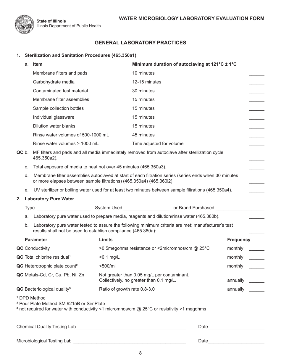 Water Microbiology Laboratory Evaluation Form - Illinois, Page 8