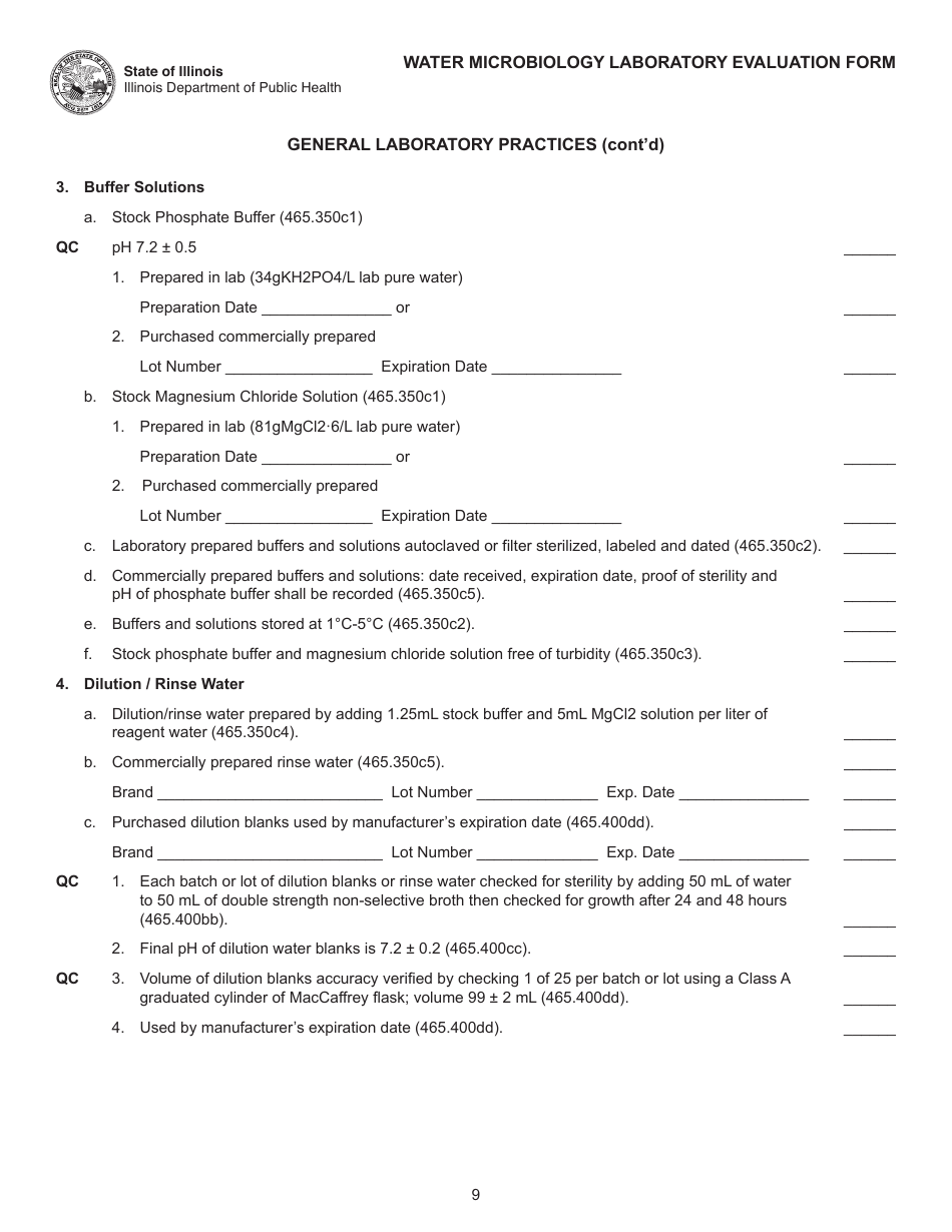 Water Microbiology Laboratory Evaluation Form - Illinois, Page 9