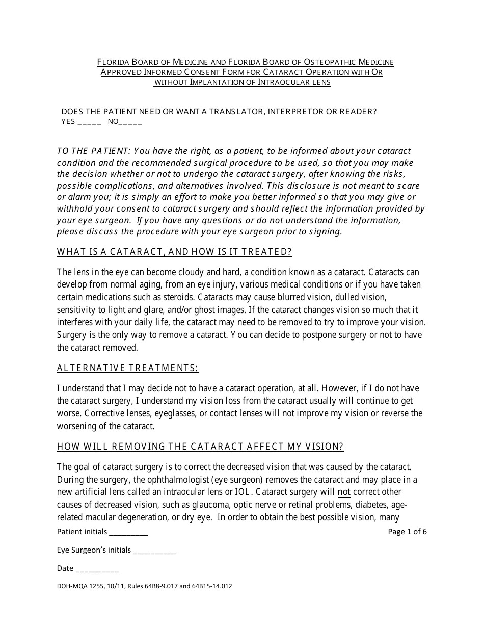 Form DOH-MQA1255 Cataract Operation Informed Consent - Florida, Page 1