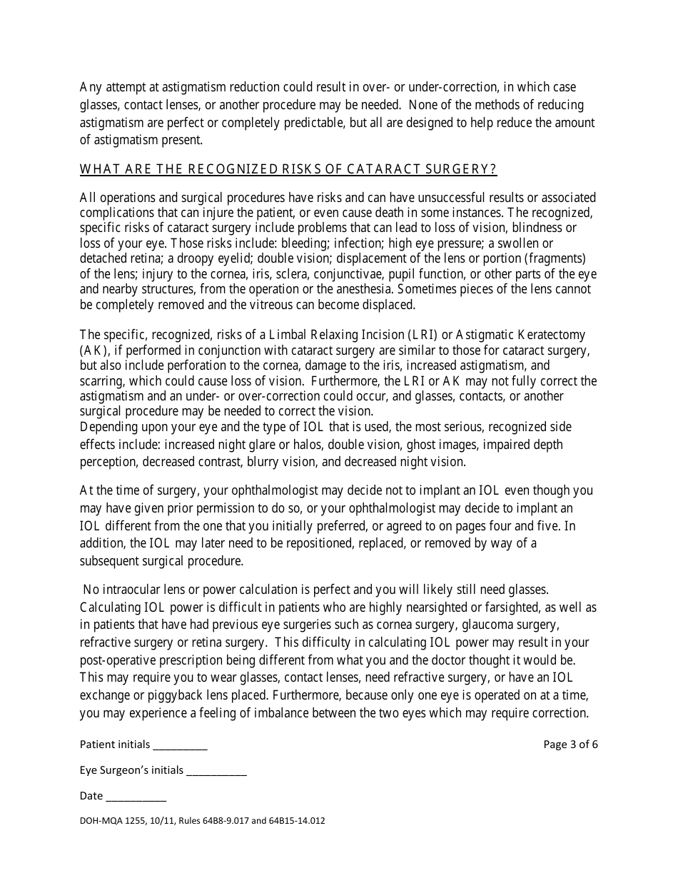 Form DOH-MQA1255 Cataract Operation Informed Consent - Florida, Page 3