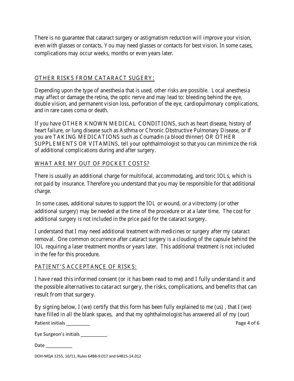 Form DOH-MQA1255 Cataract Operation Informed Consent - Florida, Page 4