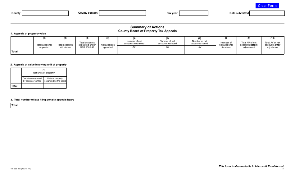 Form 150-303-055 Summary of Actions - County Board of Property Tax Appeals Form - Oregon, Page 1