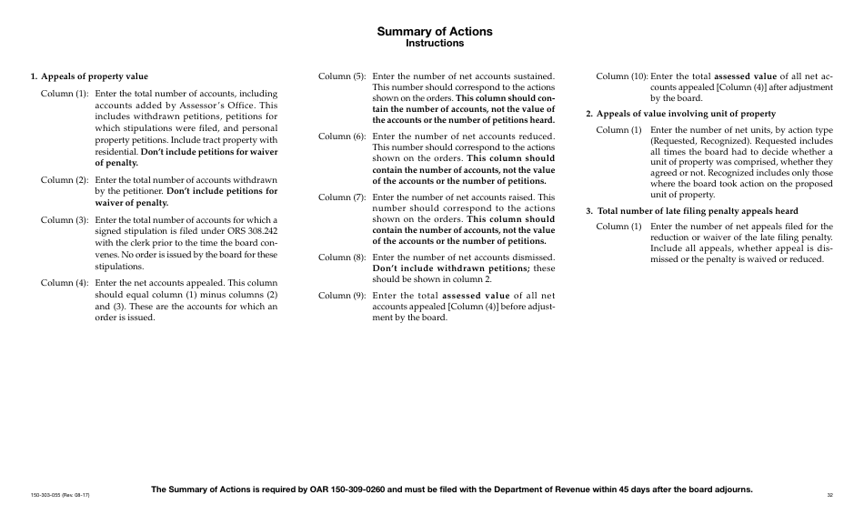 Form 150-303-055 Summary of Actions - County Board of Property Tax Appeals Form - Oregon, Page 2