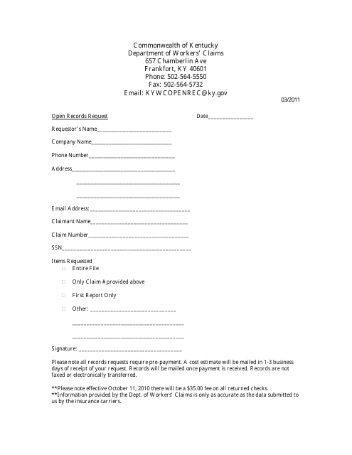 Open Records Request Form - Kentucky Download Pdf