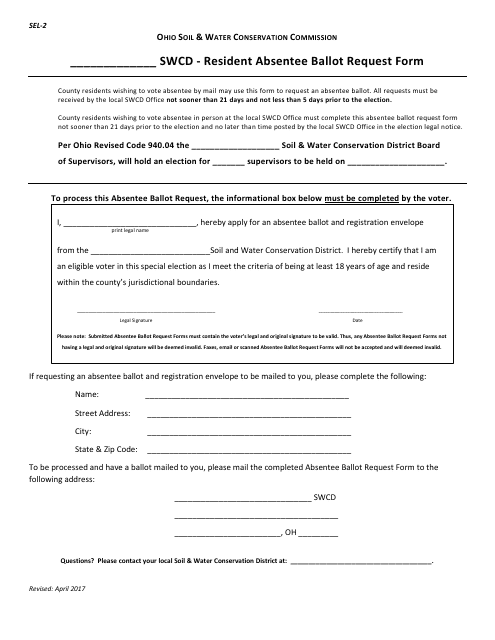 Form SEL-2 Swcd-Resident Absentee Ballot Request Form - Ohio
