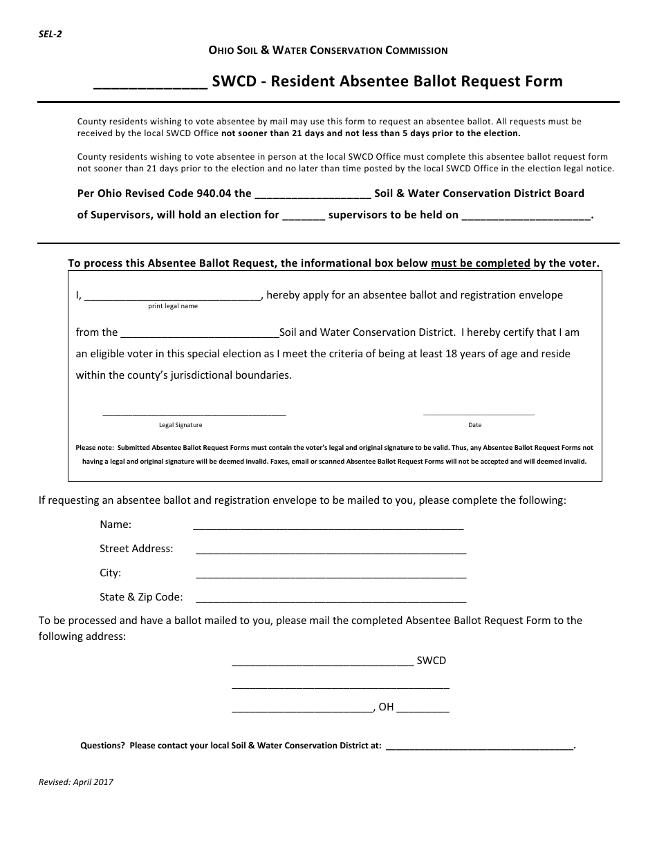 Form SEL-2 Swcd-Resident Absentee Ballot Request Form - Ohio, Page 1