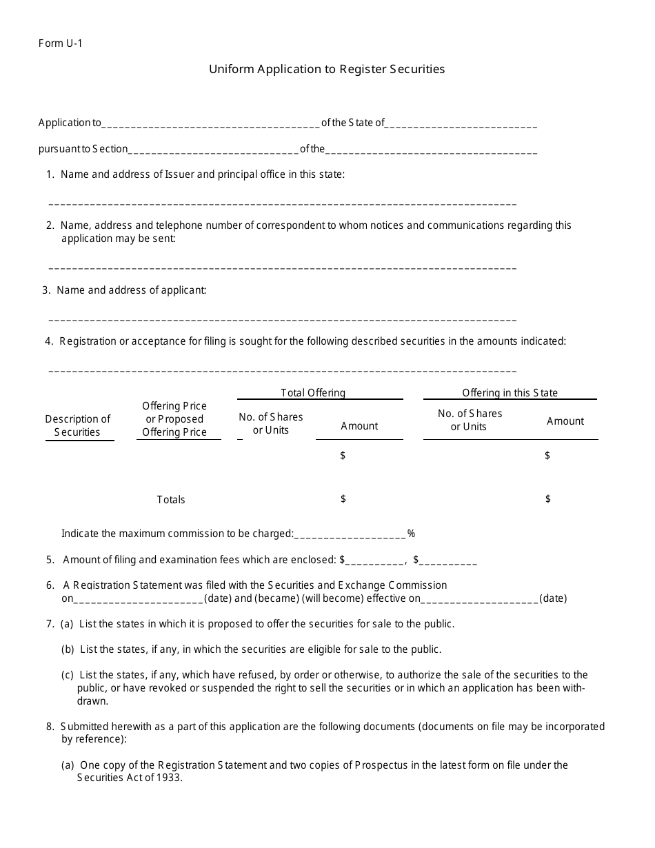Form U-1 Uniform Application to Register Securities - Michigan, Page 1