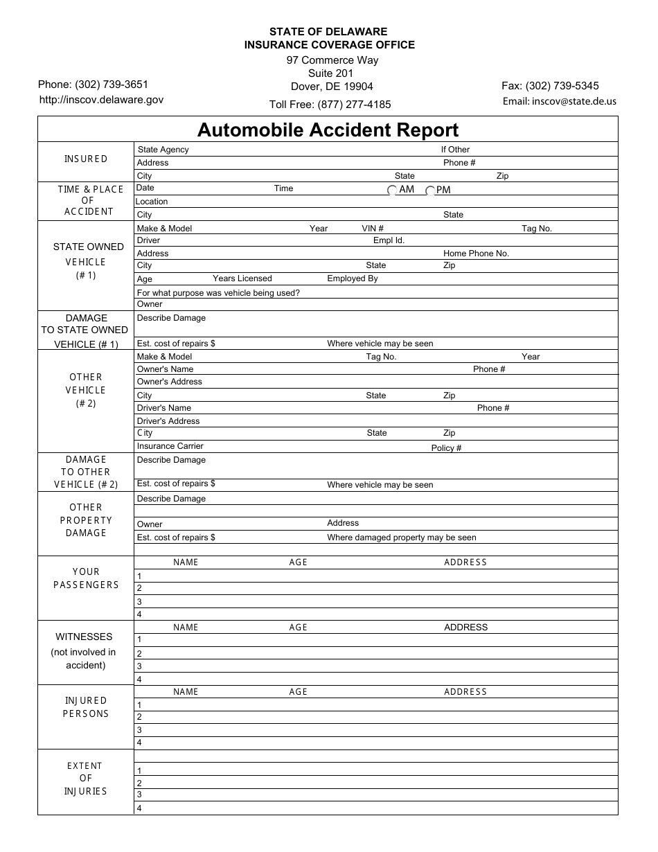 Automobile Accident Report Form - Delaware, Page 1