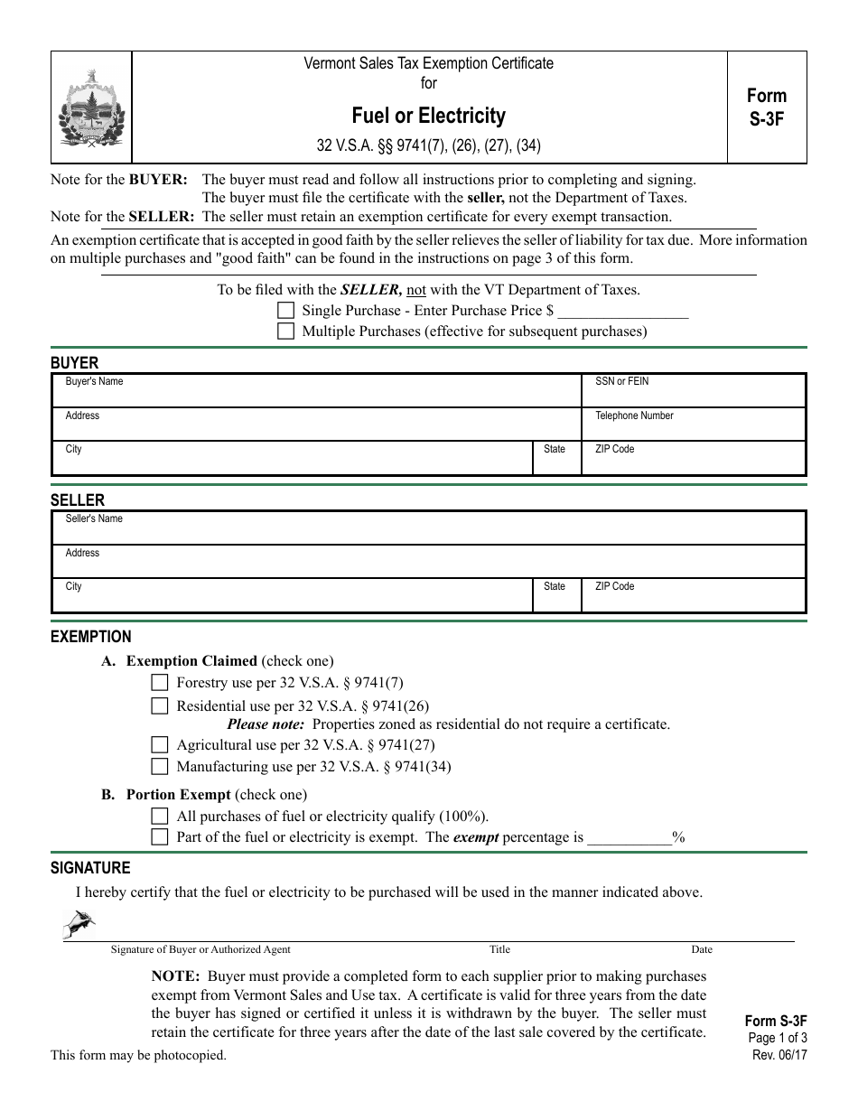 Form S-3F Vermont Sales Tax Exemption Certificate for Fuel or Electricity - Vermont, Page 1