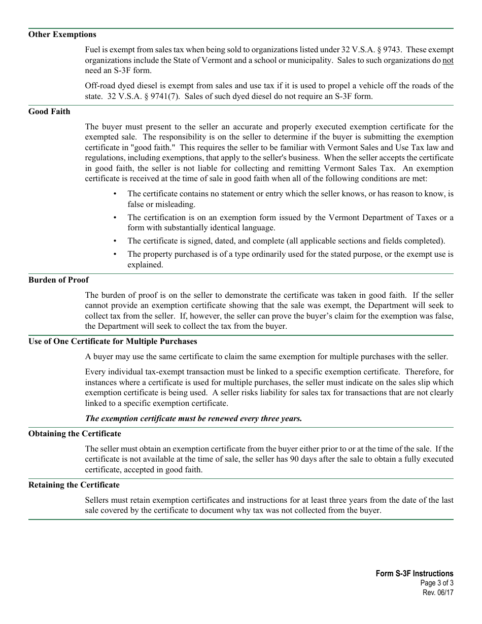 Form S-3F Vermont Sales Tax Exemption Certificate for Fuel or Electricity - Vermont, Page 3