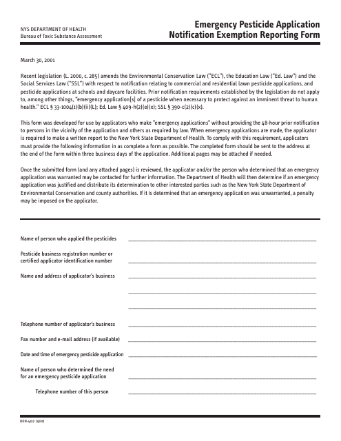 Form DOH-4212 Emergency Pesticide Application Notification Exemption Reporting Form - New York