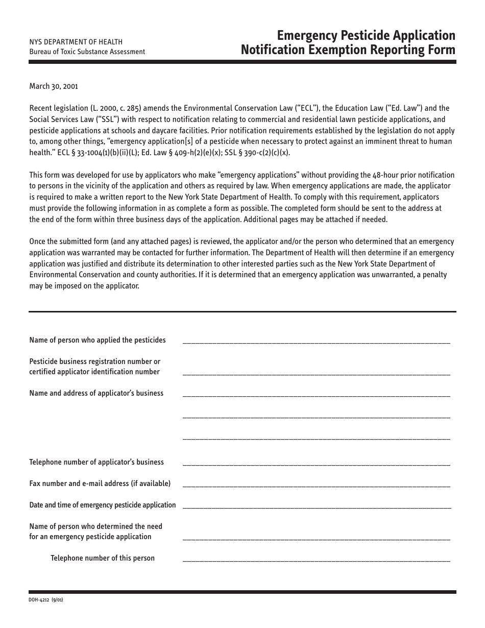 Form DOH-4212 Emergency Pesticide Application Notification Exemption Reporting Form - New York, Page 1