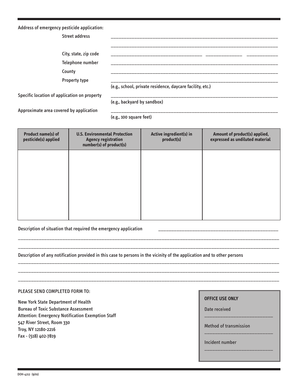 Form DOH-4212 Emergency Pesticide Application Notification Exemption Reporting Form - New York, Page 2