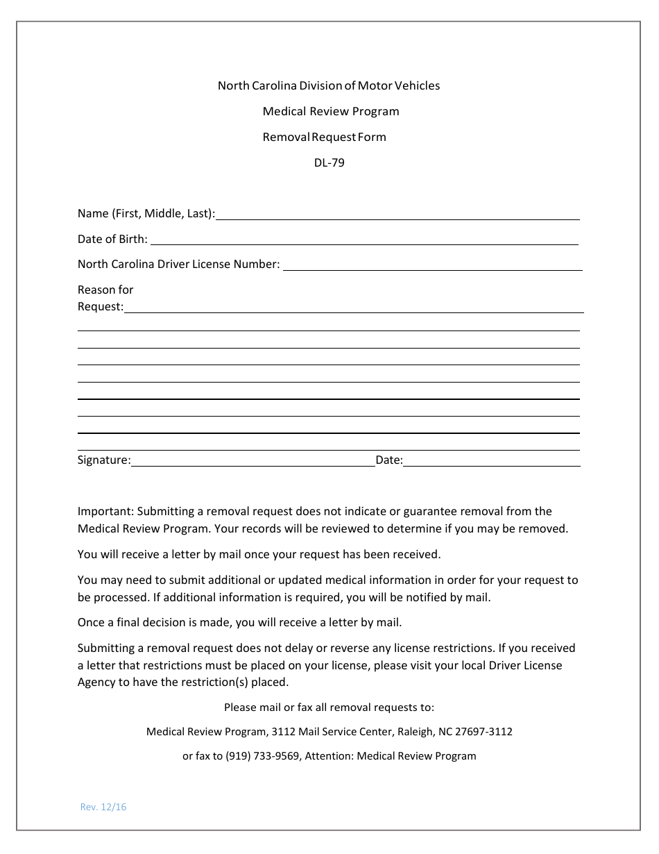 Form DL-79 Removal Request Form - North Carolina, Page 1