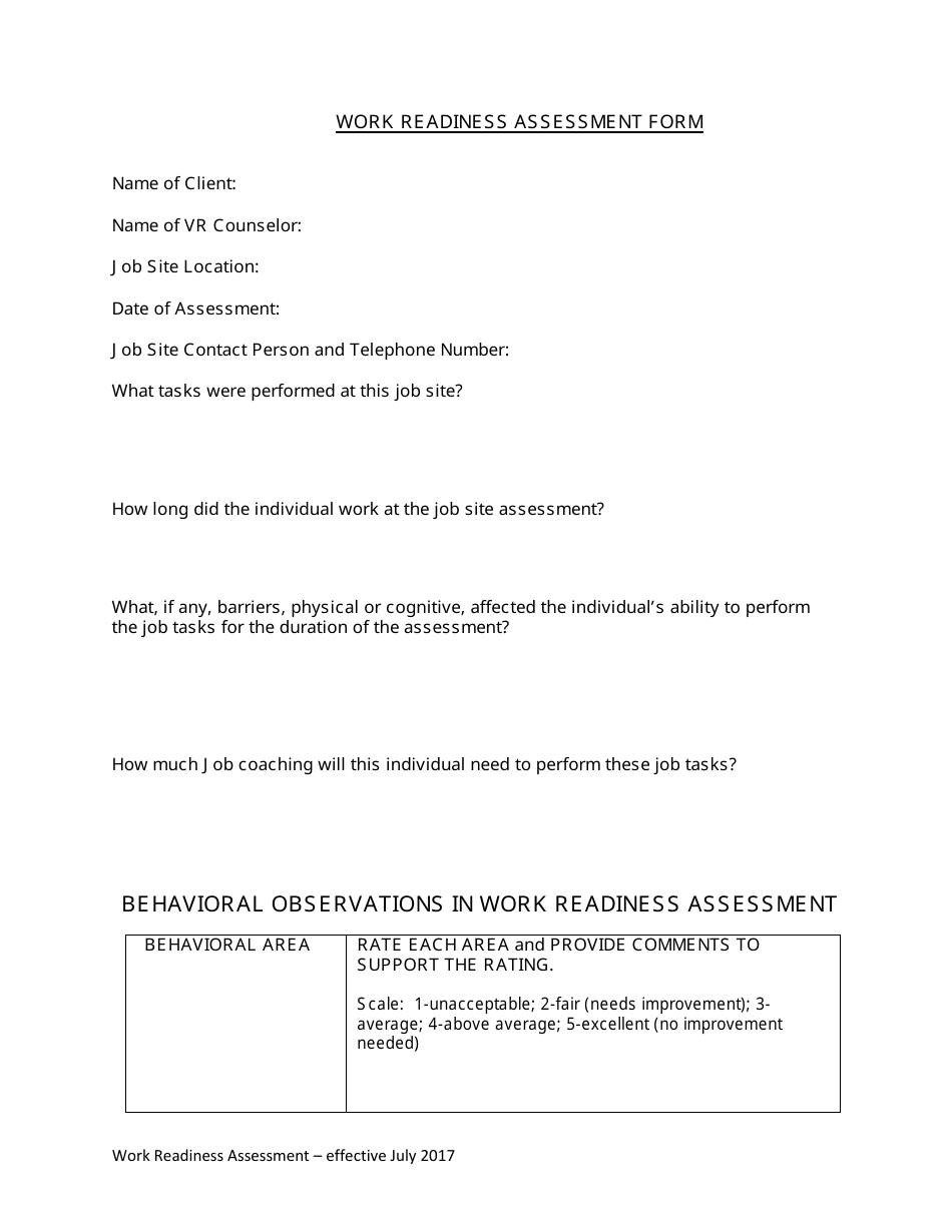 Work Readiness Assessment Form - Tennessee, Page 1