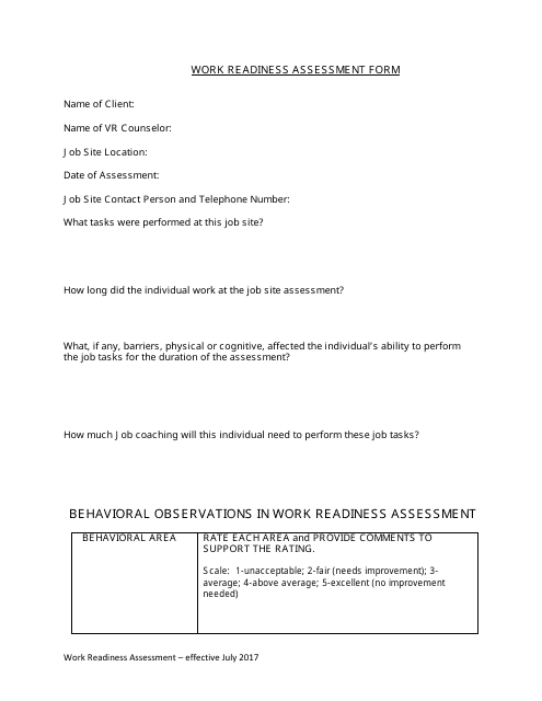 Work Readiness Assessment Form - Tennessee