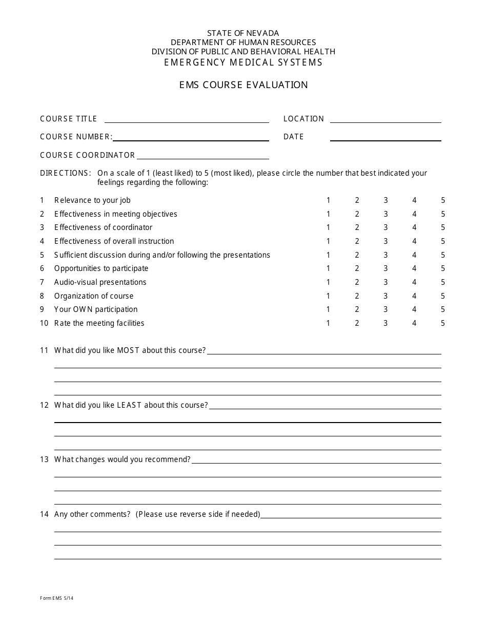 Form EMS EMS Course Evaluation - Nevada, Page 1