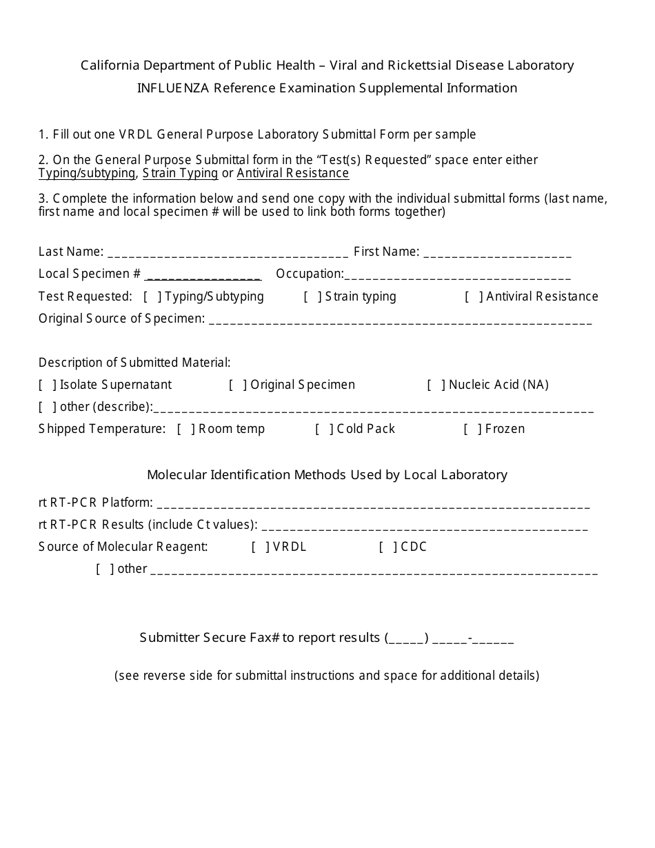 Influenza Reference Examination Submittal Form - California, Page 1