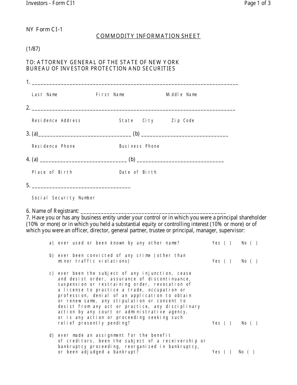 Form CI-1 Commodity Information Sheet - New York, Page 1